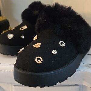 GBG Los Angeles Black Slippers with Gold Embellishments